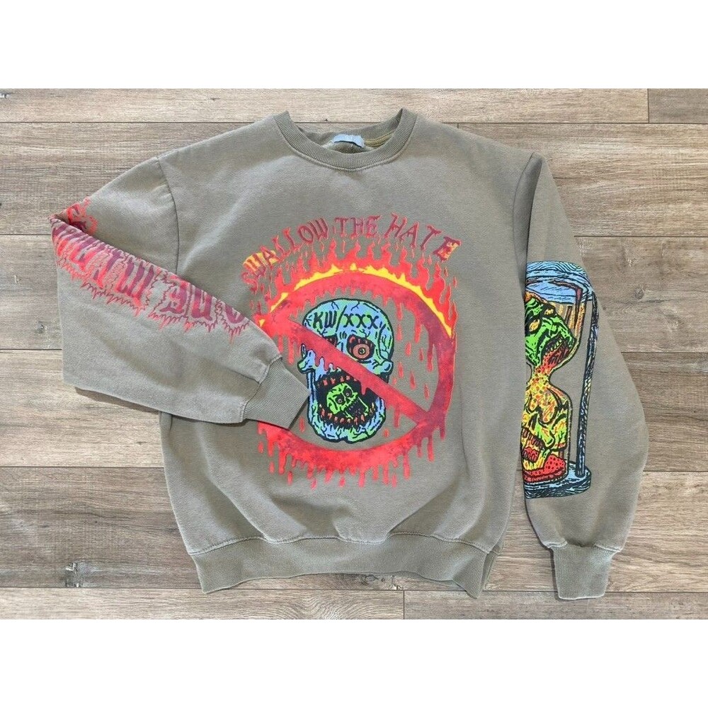 HBAT Swallow The Hate Graphic Sweatshirt Mens M Taupe Crewneck Pullover Skulls
